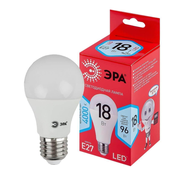 Лампа светодиодная ЭРА E27 18W 4000K матовая LED A65-18W-840-E27 R Б0052381 Лампа светодиодная ЭРА E27 18W 4000K матовая LED A65-18W-840-E27 R Б0052381