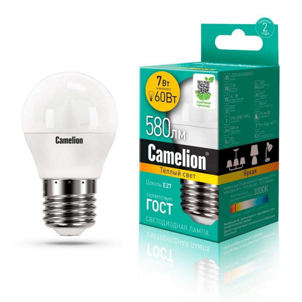 Лампа светодиодная Camelion E27 7W 3000K LED7-G45/830/E27 12070 Лампа светодиодная Camelion E27 7W 3000K LED7-G45/830/E27 12070