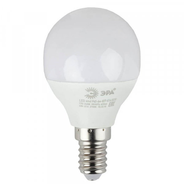 Лампа светодиодная ЭРА E14 6W 2700K матовая ECO LED P45-6W-827-E14 Б0020626 Лампа светодиодная ЭРА E14 6W 2700K матовая ECO LED P45-6W-827-E14 Б0020626