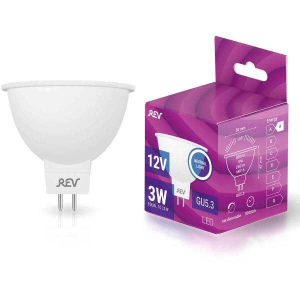 Лампа светодиодная REV MR16 GU5.3 3W 4000K нейтральный белый свет 12V рефлектор 32370 9 Лампа светодиодная REV MR16 GU5.3 3W 4000K нейтральный белый свет 12V рефлектор 32370 9