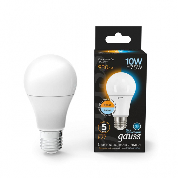 Лампа светодиодная Gauss E27 10W 2700-4100K матовая 102502110-T Лампа светодиодная Gauss E27 10W 2700-4100K матовая 102502110-T