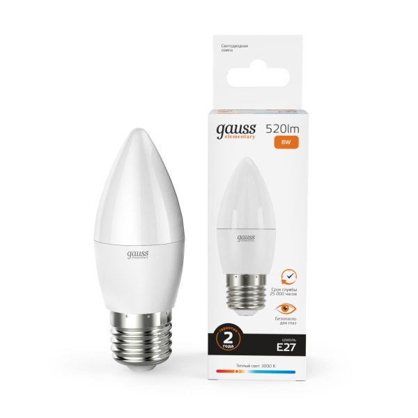 Лампа светодиодная Gauss E27 8W 3000K матовая 33218