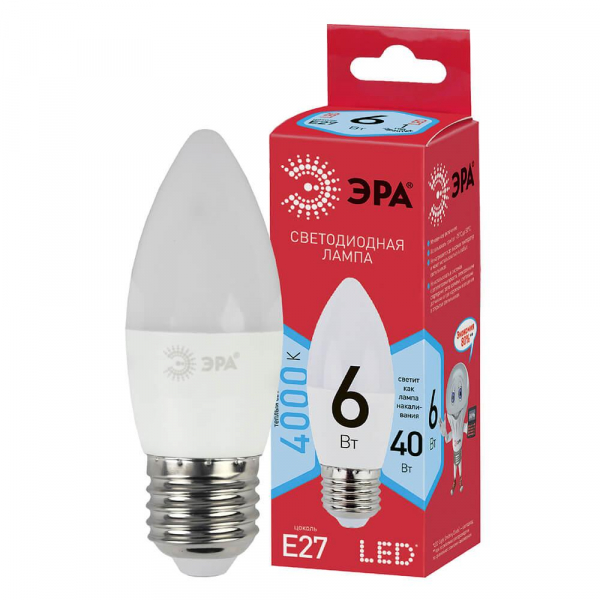 Лампа светодиодная ЭРА E27 6W 4000K матовая ECO LED B35-6W-840-E27 Б0020621 Лампа светодиодная ЭРА E27 6W 4000K матовая ECO LED B35-6W-840-E27 Б0020621