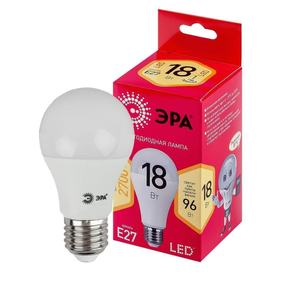 Лампа светодиодная ЭРА E27 18W 2700K матовая LED A65-18W-827-E27 R Б0051850 Лампа светодиодная ЭРА E27 18W 2700K матовая LED A65-18W-827-E27 R Б0051850