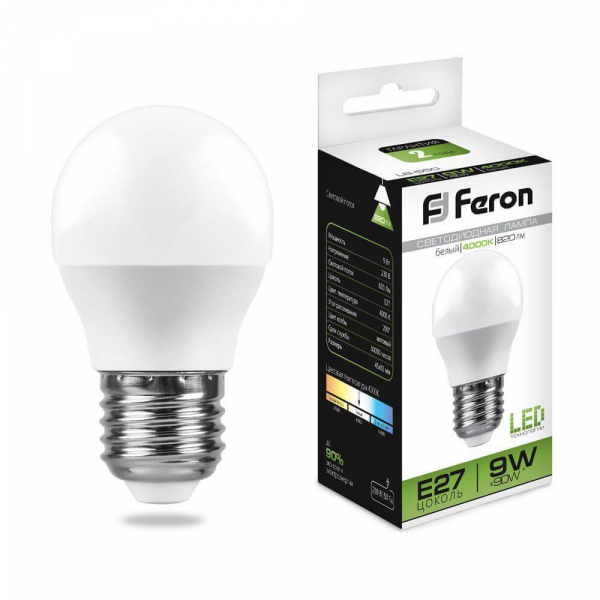Лампа светодиодная Feron E27 9W 4000K Шар Матовая LB-550 25805 Лампа светодиодная Feron E27 9W 4000K Шар Матовая LB-550 25805