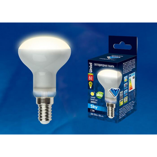 Лампа светодиодная рефлекторная Uniel E14 6W 3000K матовая LED-R50-6W/WW/E14/FR PLS02WH UL-00001491 Лампа светодиодная рефлекторная Uniel E14 6W 3000K матовая LED-R50-6W/WW/E14/FR PLS02WH UL-00001491