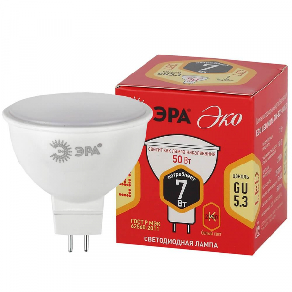 Лампа светодиодная ЭРА GU5.3 7W 2700K матовая ECO LED MR16-7W-827-GU5.3 Б0050183 Лампа светодиодная ЭРА GU5.3 7W 2700K матовая ECO LED MR16-7W-827-GU5.3 Б0050183