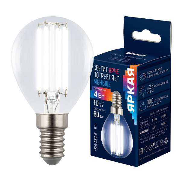 Лампа светодиодная Uniel E14 4W 4000K прозрачная LED-G45-4W/4000K/E14/CL GLY01TR UL-00011939 Лампа светодиодная Uniel E14 4W 4000K прозрачная LED-G45-4W/4000K/E14/CL GLY01TR UL-00011939