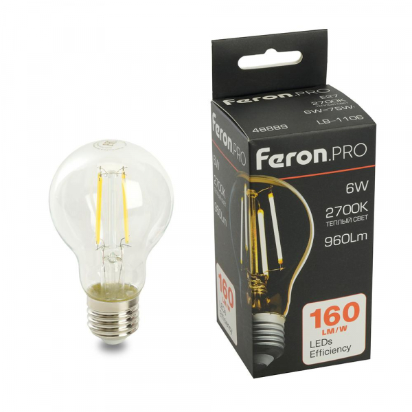 Лампа светодиодная Feron.PRO LB-1106 Шар E27 960LM 6W 175-265V 2700K 48889 Лампа светодиодная Feron.PRO LB-1106 Шар E27 960LM 6W 175-265V 2700K 48889