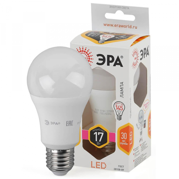 Лампа светодиодная ЭРА E27 17W 2700K матовая LED A60-17W-827-E27 Б0031699