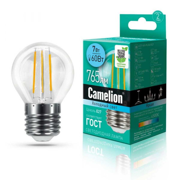 Лампа светодиодная Camelion E27 7W 4500K LED7-G45-FL/845/E27 13459 Лампа светодиодная Camelion E27 7W 4500K LED7-G45-FL/845/E27 13459