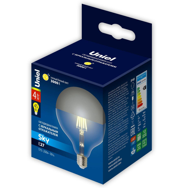 Лампа светодиодная Uniel E27 4W 3000K зеркальная LED-G125-4W/3000K/E27/CL MIRROR/CHROME PLS02WH UL-00011793 Лампа светодиодная Uniel E27 4W 3000K зеркальная LED-G125-4W/3000K/E27/CL MIRROR/CHROME PLS02WH UL-00011793