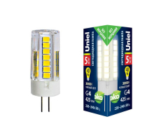 Лампа светодиодная Uniel G4 5W 3000K прозрачная LED-JC-220/5W/3000K/G4/CL GLZ09TR UL-00006744