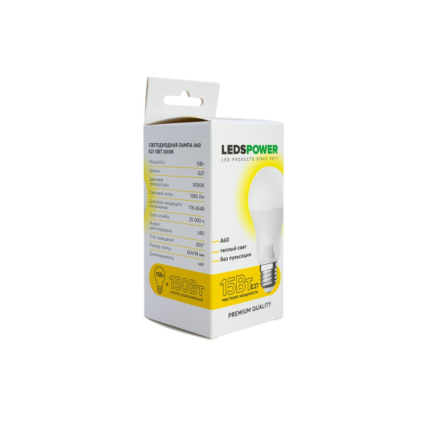 Светодиодная лампа LEDS POWER A60 E27 15Вт 3000К 006642 Светодиодная лампа LEDS POWER A60 E27 15Вт 3000К 006642