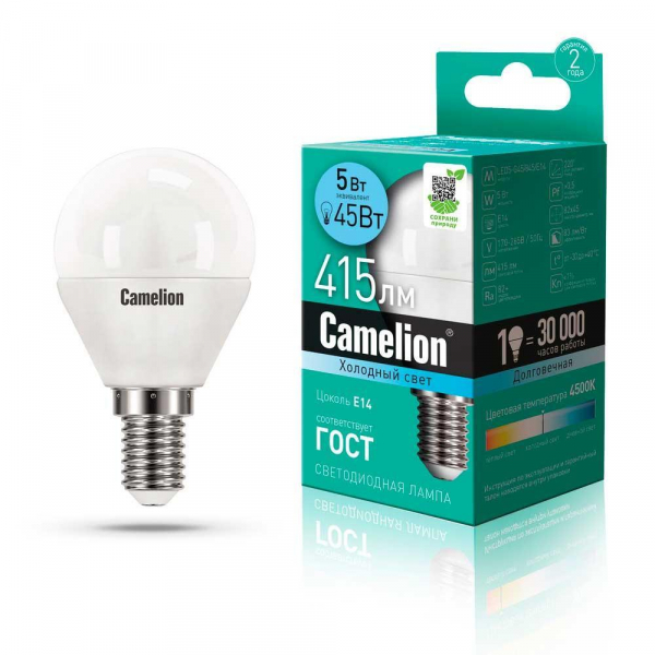 Лампа светодиодная Camelion E14 5W 4500K LED5-G45/845/E14 12029 Лампа светодиодная Camelion E14 5W 4500K LED5-G45/845/E14 12029