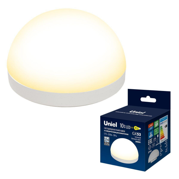 Лампа светодиодная Uniel GX53 10W 3000K матовая LED-GX53-10W/3000K/GX53/FR/SPHERE PLZ02WH UL-00011787 Лампа светодиодная Uniel GX53 10W 3000K матовая LED-GX53-10W/3000K/GX53/FR/SPHERE PLZ02WH UL-00011787