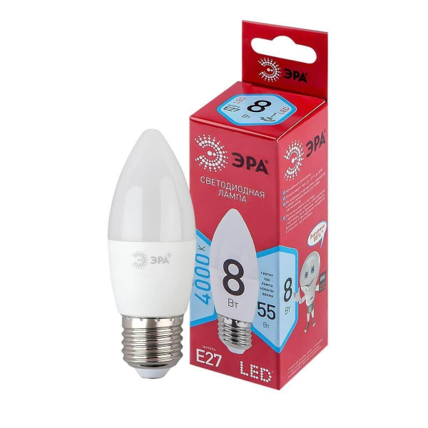 Лампа светодиодная ЭРА E27 8W 4000K матовая LED B35-8W-840-E27 R Б0050695 Лампа светодиодная ЭРА E27 8W 4000K матовая LED B35-8W-840-E27 R Б0050695