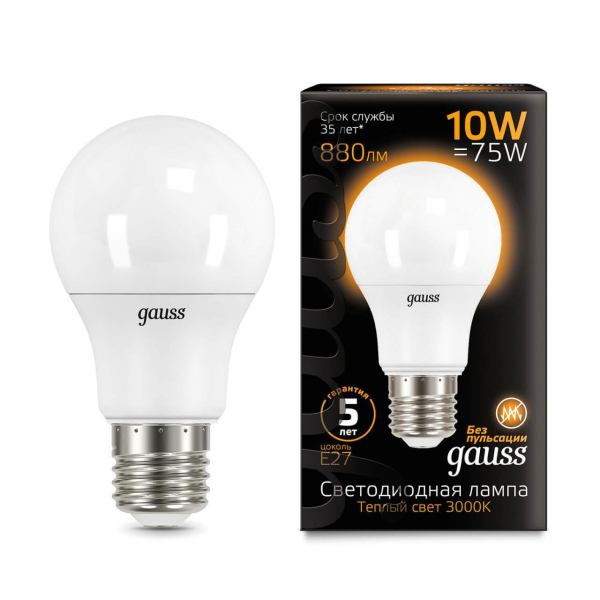 Лампа светодиодная Gauss E27 10W 3000K матовая 102502110 Лампа светодиодная Gauss E27 10W 3000K матовая 102502110