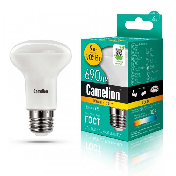 Лампа светодиодная Camelion E27 9W 3000K LED9-R63/830/E27 13476 Лампа светодиодная Camelion E27 9W 3000K LED9-R63/830/E27 13476
