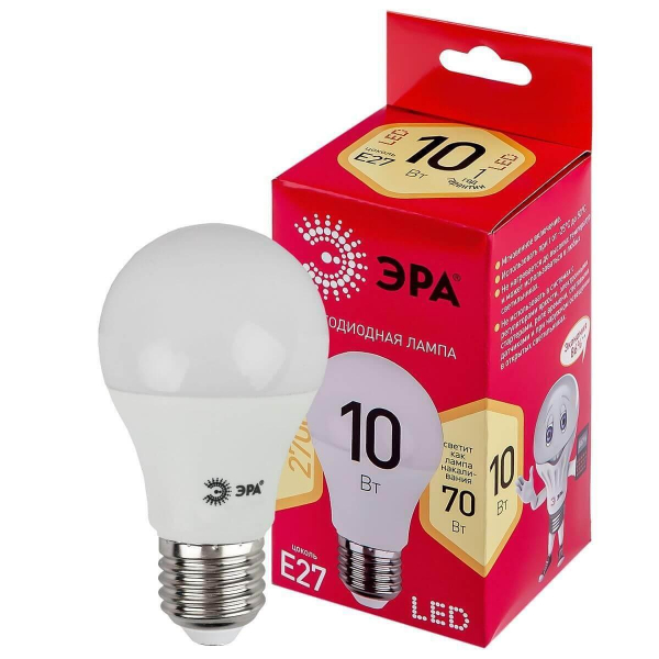 Лампа светодиодная ЭРА E27 10W 2700K матовая LED A60-10W-827-E27 R Б0049634 Лампа светодиодная ЭРА E27 10W 2700K матовая LED A60-10W-827-E27 R Б0049634