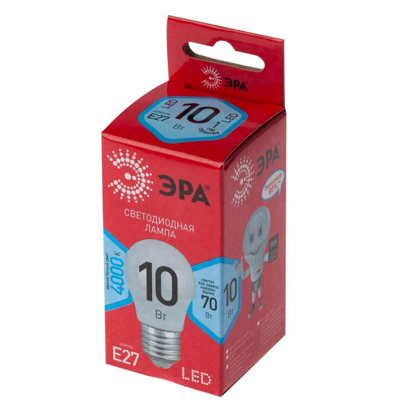 Лампа светодиодная ЭРА E27 10W 4000K матовая LED P45-10W-840-E27 R Б0050234 Лампа светодиодная ЭРА E27 10W 4000K матовая LED P45-10W-840-E27 R Б0050234