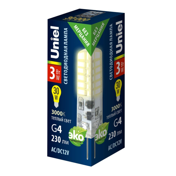 Лампа светодиодная Uniel G4 3W 3000K прозрачная LED-JC-12/3W/3000K/G4/CL SIZ05TR UL-00010366 Лампа светодиодная Uniel G4 3W 3000K прозрачная LED-JC-12/3W/3000K/G4/CL SIZ05TR UL-00010366