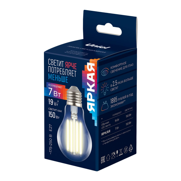 Лампа светодиодная Uniel E27 7W 3000K прозрачная LED-A60-7W/3000K/E27/CL GLY01TR UL-00011934 Лампа светодиодная Uniel E27 7W 3000K прозрачная LED-A60-7W/3000K/E27/CL GLY01TR UL-00011934