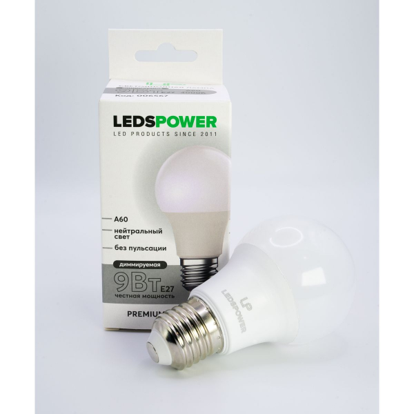 Светодиодная лампа LEDS POWER A60 E27 9Вт 4000К диммируемая 006567