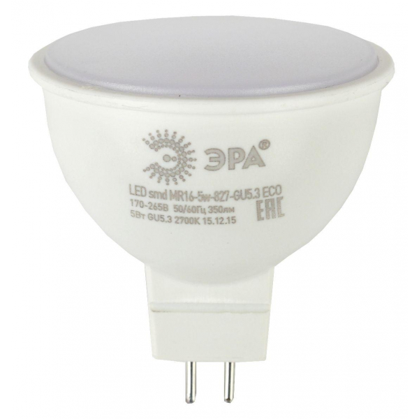 Лампа светодиодная ЭРА GU5.3 5W 2700K матовая LED MR16-5W-827-GU5.3 R Б0050230 Лампа светодиодная ЭРА GU5.3 5W 2700K матовая LED MR16-5W-827-GU5.3 R Б0050230