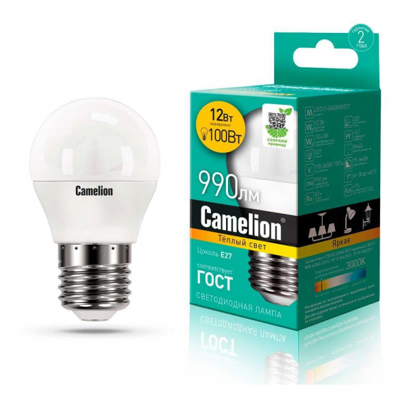 Лампа светодиодная Camelion E27 12W 3000K LED12-G45/830/E27 13694 Лампа светодиодная Camelion E27 12W 3000K LED12-G45/830/E27 13694