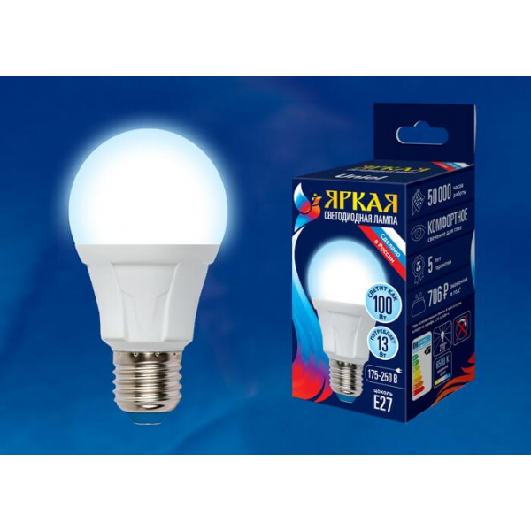 Лампа светодиодная Uniel E27 13W 6500K матовая LED-A60 13W/6500K/E27/FR PLP01WH UL-00005032 Лампа светодиодная Uniel E27 13W 6500K матовая LED-A60 13W/6500K/E27/FR PLP01WH UL-00005032