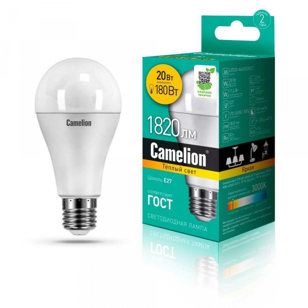 Лампа светодиодная Camelion E27 20W 3000K LED20-A65/830/E27 13164 Лампа светодиодная Camelion E27 20W 3000K LED20-A65/830/E27 13164