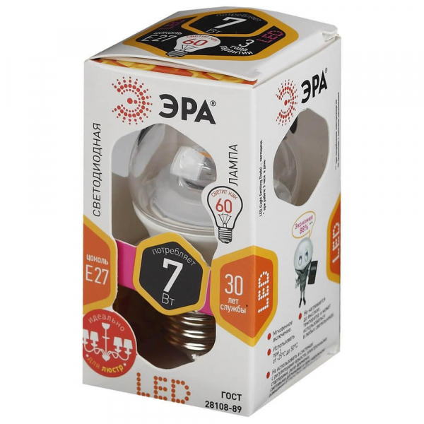 Лампа светодиодная ЭРА E27 7W 2700K прозрачная LED P45-7W-827-E27-Clear Б0017243 Лампа светодиодная ЭРА E27 7W 2700K прозрачная LED P45-7W-827-E27-Clear Б0017243