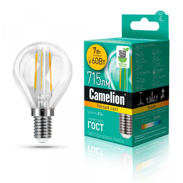 Лампа светодиодная Camelion E14 7W 3000K LED7-G45-FL/830/E14 13456 Лампа светодиодная Camelion E14 7W 3000K LED7-G45-FL/830/E14 13456