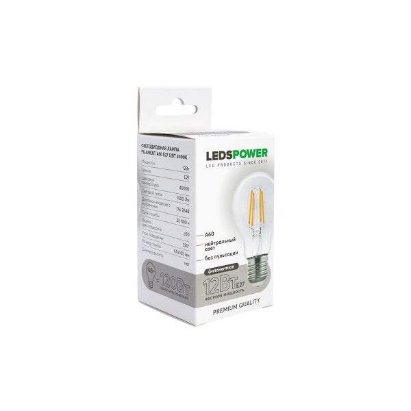 Светодиодная лампа LEDS POWER Filament A60 E27 12Вт 4000К 007144 Светодиодная лампа LEDS POWER Filament A60 E27 12Вт 4000К 007144