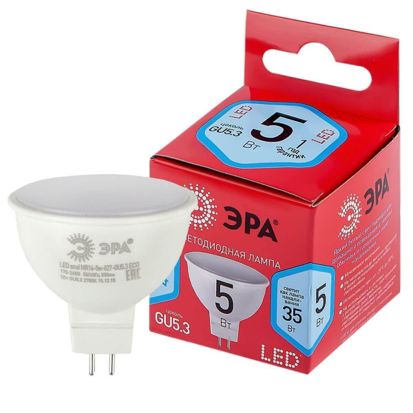 Лампа светодиодная ЭРА GU5.3 5W 4000K матовая LED LED MR16-5W-840-GU5.3 R Б0049639 Лампа светодиодная ЭРА GU5.3 5W 4000K матовая LED LED MR16-5W-840-GU5.3 R Б0049639