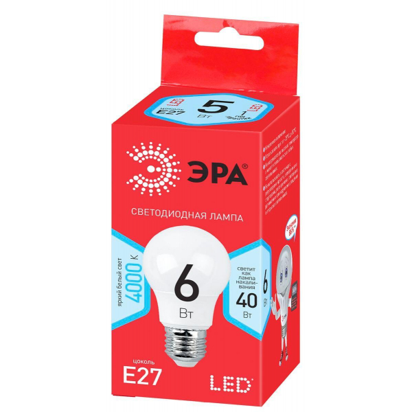 Лампа светодиодная ЭРА E27 6W 4000K матовая LED A55-6W-840-E27 R Б0050688 Лампа светодиодная ЭРА E27 6W 4000K матовая LED A55-6W-840-E27 R Б0050688