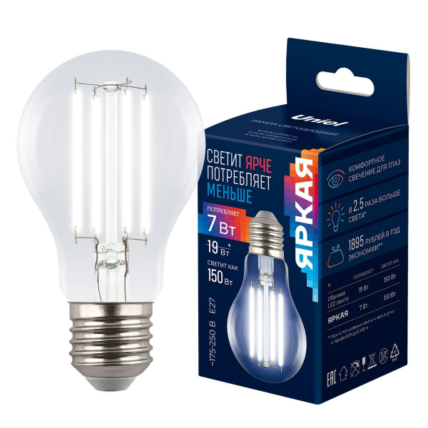 Лампа светодиодная Uniel E27 7W 4000K прозрачная LED-A60-7W/4000K/E27/CL GLY01TR UL-00011935 Лампа светодиодная Uniel E27 7W 4000K прозрачная LED-A60-7W/4000K/E27/CL GLY01TR UL-00011935