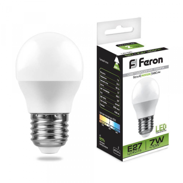Лампа светодиодная Feron E27 7W 4000K Шар Матовая LB-95 25482 Лампа светодиодная Feron E27 7W 4000K Шар Матовая LB-95 25482
