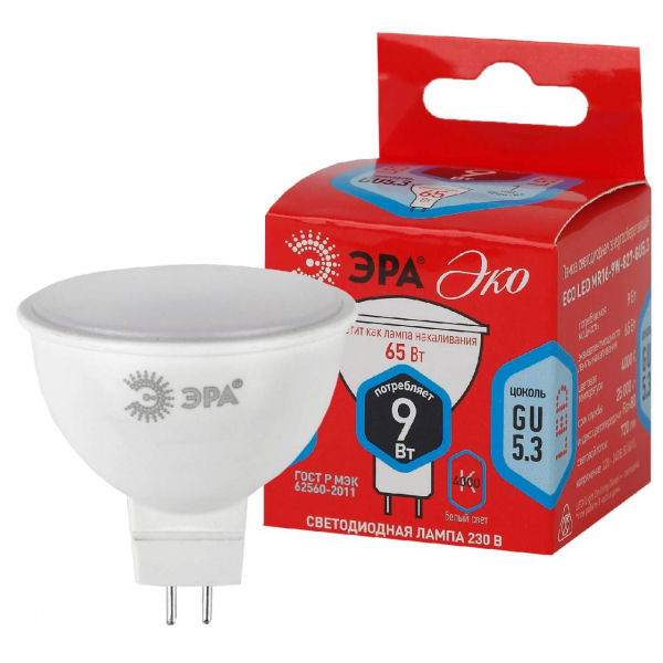 Лампа светодиодная ЭРА GU5.3 9W 4000K матовая ECO LED MR16-9W-840-GU5.3 Б0032973 Лампа светодиодная ЭРА GU5.3 9W 4000K матовая ECO LED MR16-9W-840-GU5.3 Б0032973