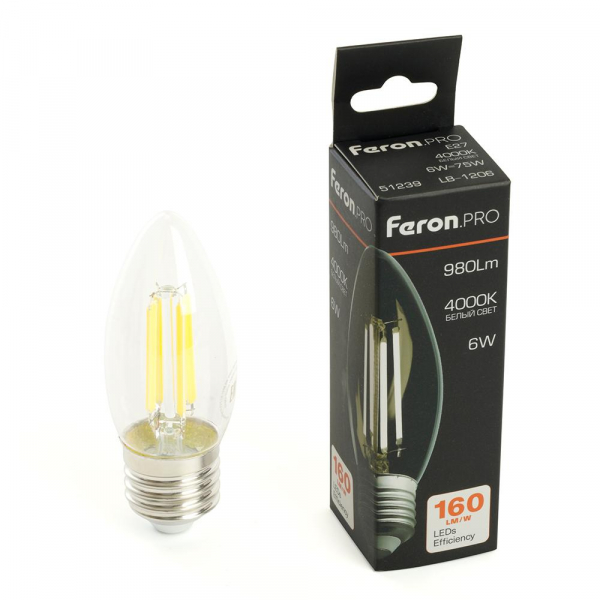 Лампа светодиодная Feron.PRO LB-1206 Свеча E27 980LM 6W 175-265V 4000K 51239 Лампа светодиодная Feron.PRO LB-1206 Свеча E27 980LM 6W 175-265V 4000K 51239