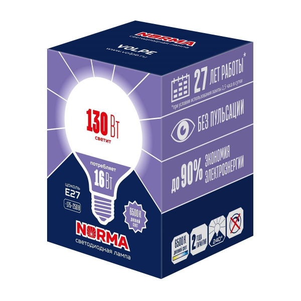 Лампа светодиодная Volpe E27 16W 6500K матовая LED-G95-16W/6500K/E27/FR/NR UL-00010995 Лампа светодиодная Volpe E27 16W 6500K матовая LED-G95-16W/6500K/E27/FR/NR UL-00010995