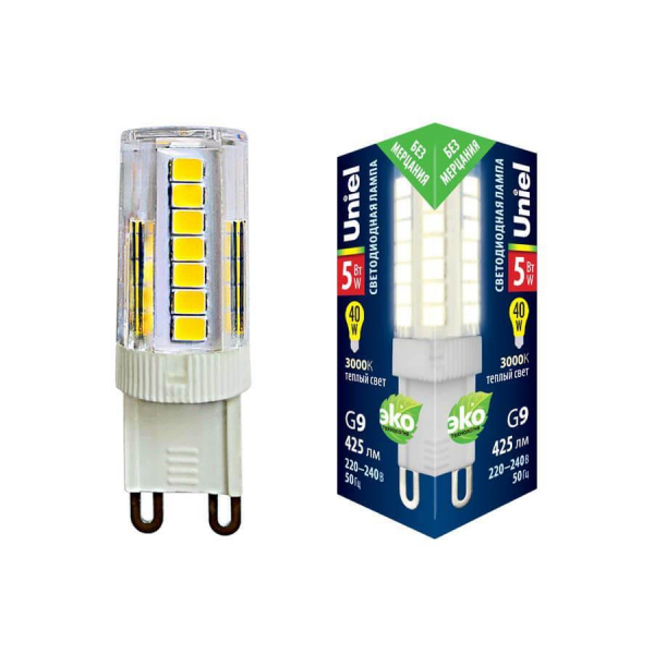 Лампа светодиодная Uniel G9 5W 3000K прозрачная LED-JCD-5W/3000K/G9/CL GLZ09TR UL-00006748 Лампа светодиодная Uniel G9 5W 3000K прозрачная LED-JCD-5W/3000K/G9/CL GLZ09TR UL-00006748