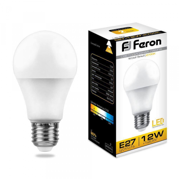 Лампа светодиодная Feron E27 12W 2700K Шар Матовая LB-93 25489 Лампа светодиодная Feron E27 12W 2700K Шар Матовая LB-93 25489
