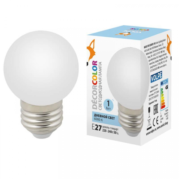 Лампа декоративная светодиодная Volpe E27 1W 6000K матовая LED-G45-1W/6000K/E27/FR/С UL-00005806 Лампа декоративная светодиодная Volpe E27 1W 6000K матовая LED-G45-1W/6000K/E27/FR/С UL-00005806