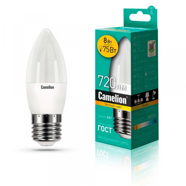 Лампа светодиодная Camelion E27 8W 3000K LED8-C35/830/E27 12389 Лампа светодиодная Camelion E27 8W 3000K LED8-C35/830/E27 12389