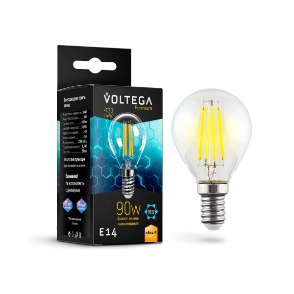 Лампа светодиодная Voltega E14 6,5W 2800K прозрачная VG10-G45E14warm9W-F 7136 Лампа светодиодная Voltega E14 6,5W 2800K прозрачная VG10-G45E14warm9W-F 7136