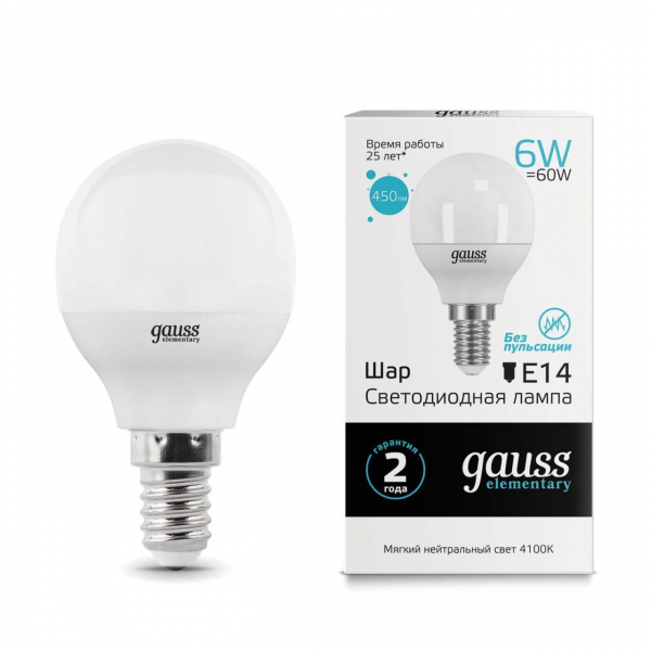 Лампа светодиодная Gauss E14 6W 4100K матовая 53126 Лампа светодиодная Gauss E14 6W 4100K матовая 53126