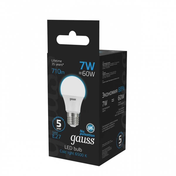 Лампа светодиодная Gauss E27 7W 6500K матовая 102502307 Лампа светодиодная Gauss E27 7W 6500K матовая 102502307