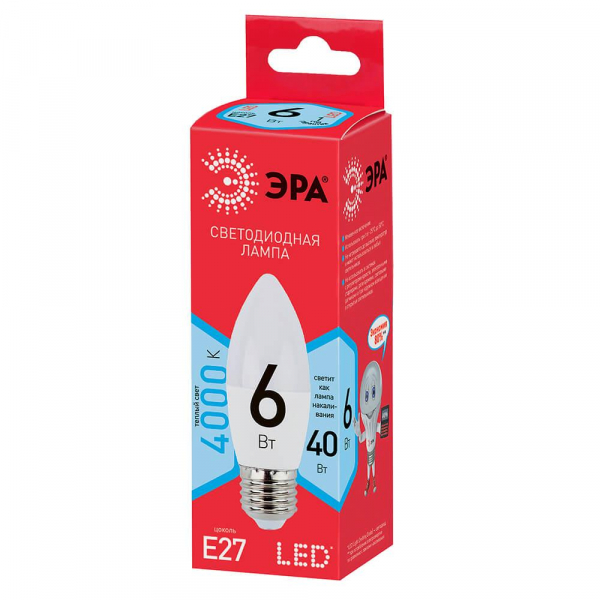Лампа светодиодная ЭРА E27 6W 4000K матовая ECO LED B35-6W-840-E27 Б0020621 Лампа светодиодная ЭРА E27 6W 4000K матовая ECO LED B35-6W-840-E27 Б0020621